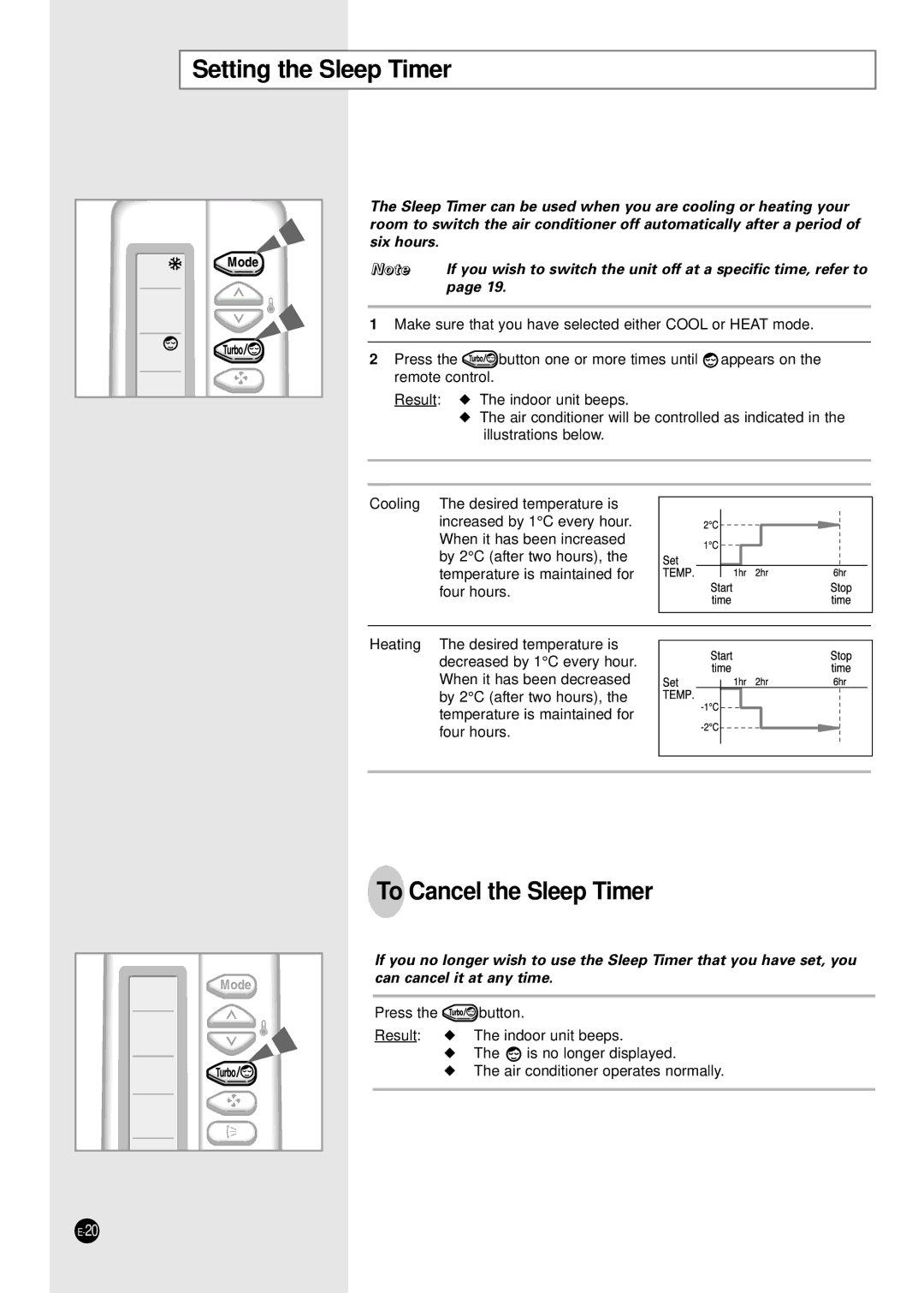 Samsung SH07ZA8X, SH24TA5, SH12VA1X, SH09ZA8X, SH09ZA7X, SH12ZA1A, SH24TA1 Setting the Sleep Timer, To Cancel the Sleep Timer 