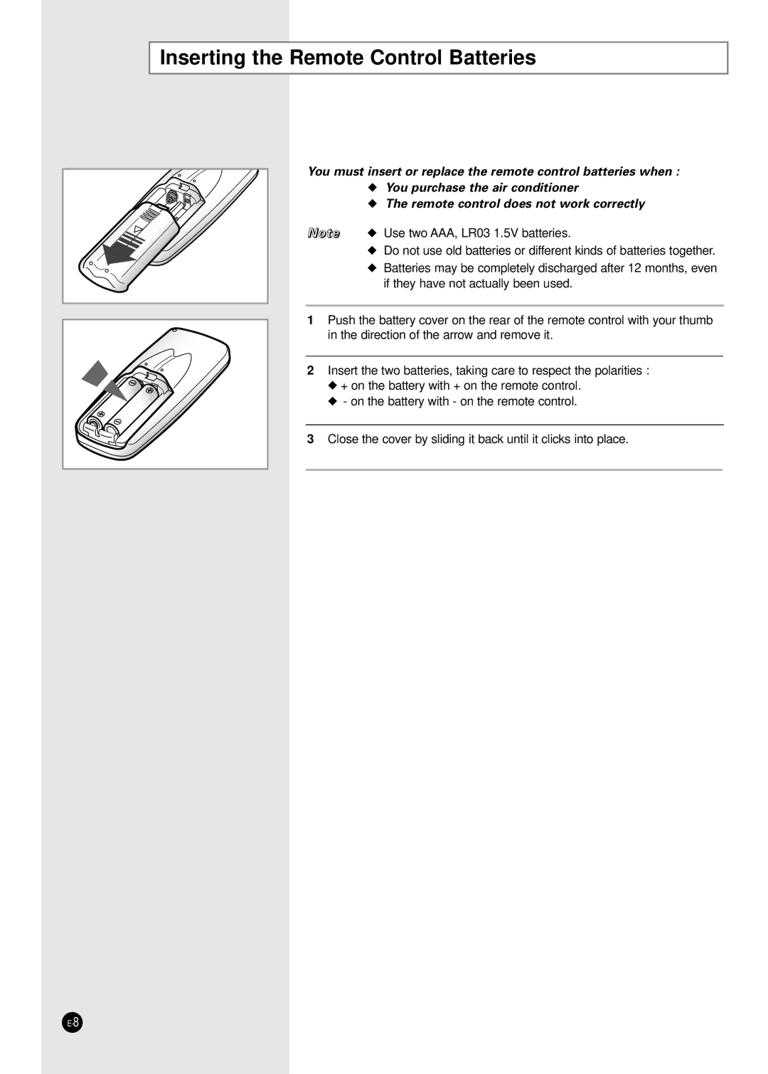 Samsung SH24TA5, SH12VA1X, SH09ZA8X, SH09ZA7X, SH12ZA1A, SH24TA1, SH12ZA9X, SH12ZA1XA Inserting the Remote Control Batteries 