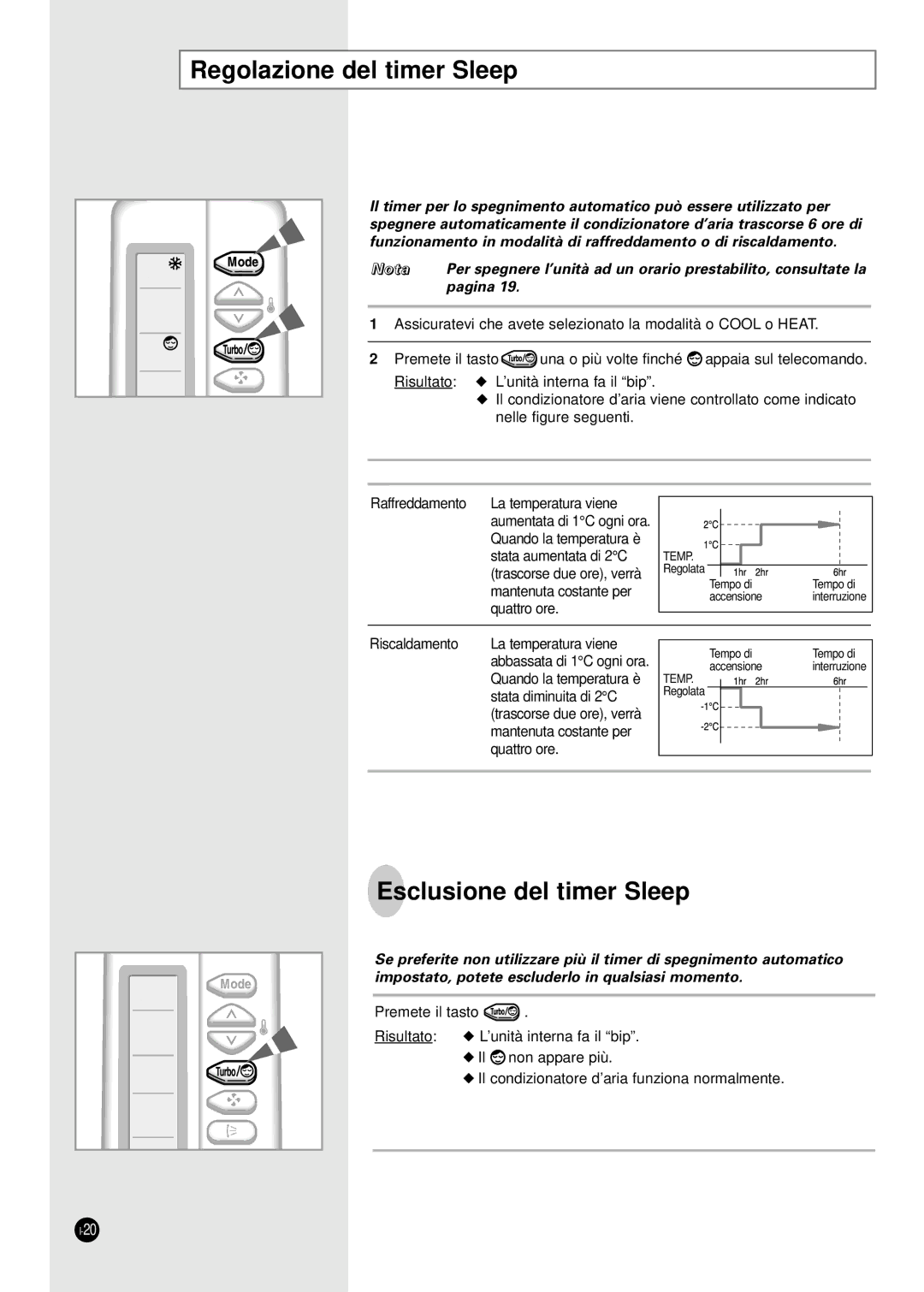 Samsung SH07ZA8X, SH24TA5, SH12VA1X, SH09ZA8X, SH09ZA7X, SH12ZA1A manual Regolazione del timer Sleep, Esclusione del timer Sleep 