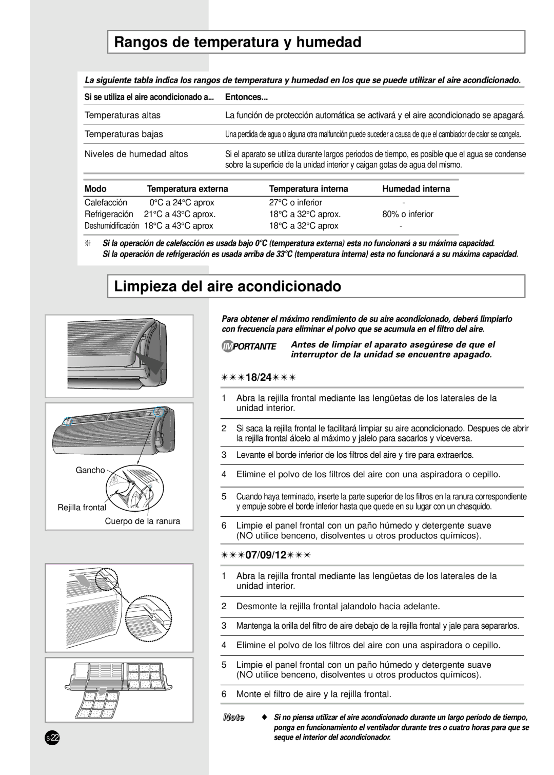 Samsung SH18ZA9, SH24TA5, SH12VA1X, SH24TA1 Rangos de temperatura y humedad, Limpieza del aire acondicionado, Entonces, Modo 