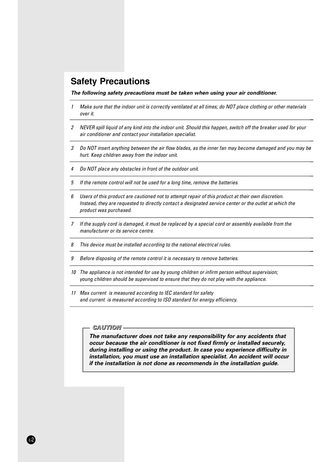 Samsung SH09ZA8X, SH24TA5, SH12VA1X, SH09ZA7X, SH12ZA1A, SH24TA1, SH12ZA9X, SH12ZA1XA, SH07ZA3, SH18ZA9X manual Safety Precautions 