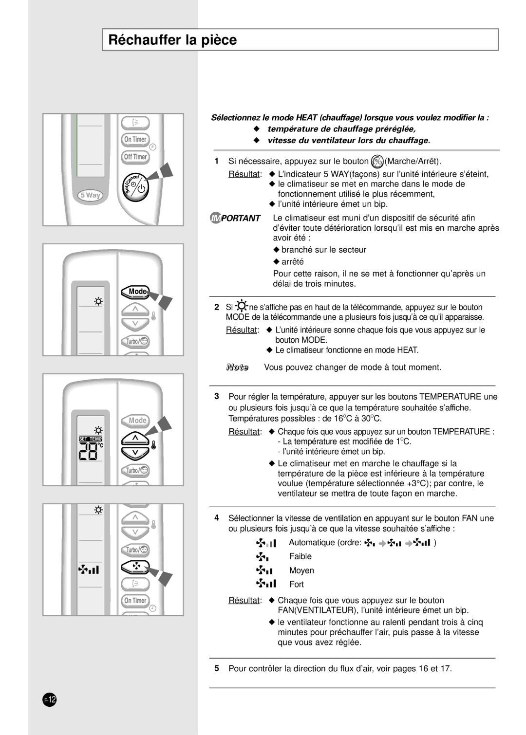 Samsung SH24TA5 manual Réchauffer la pièce 