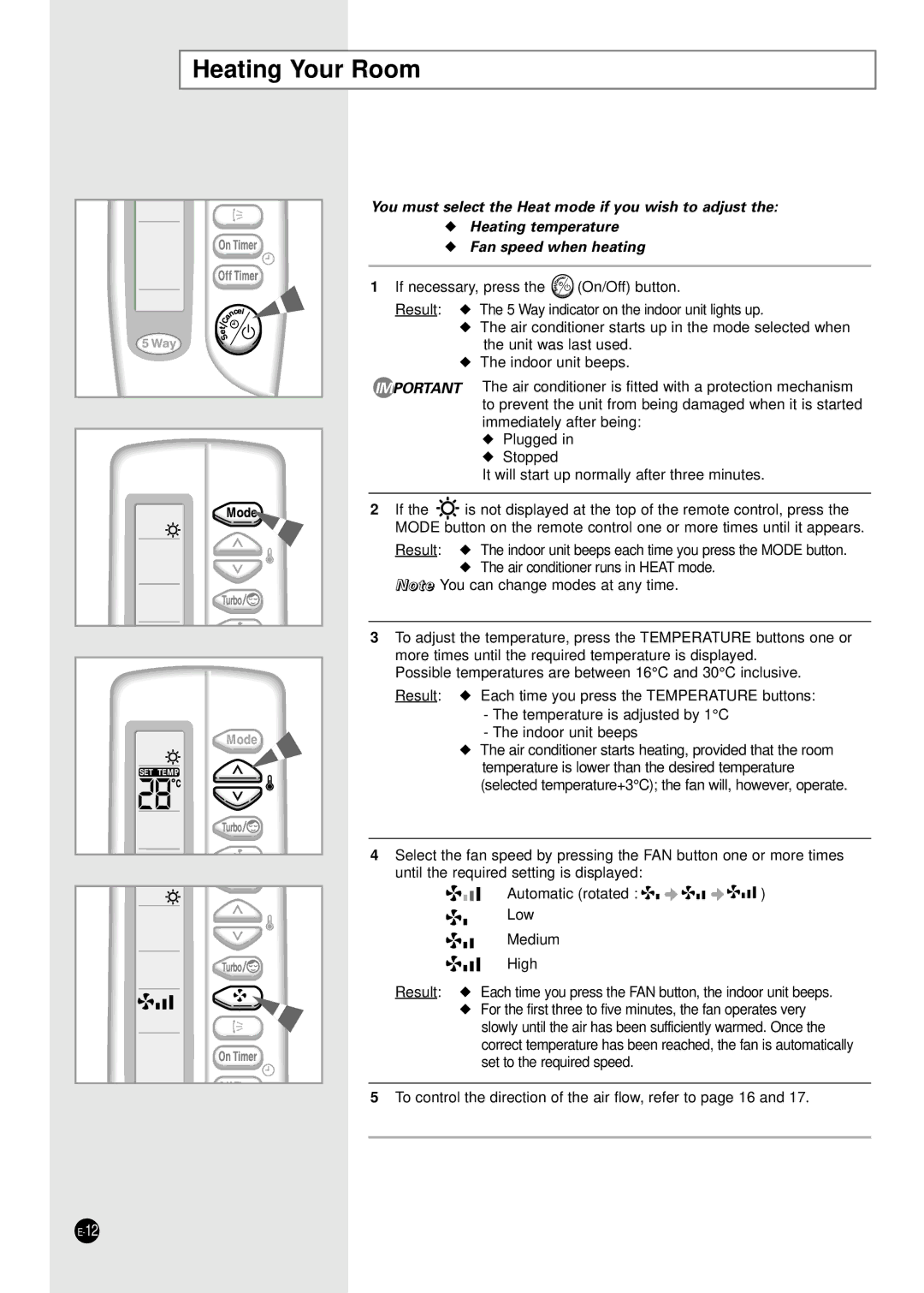 Samsung SH24TA5 manual Heating Your Room, Fan speed when heating 