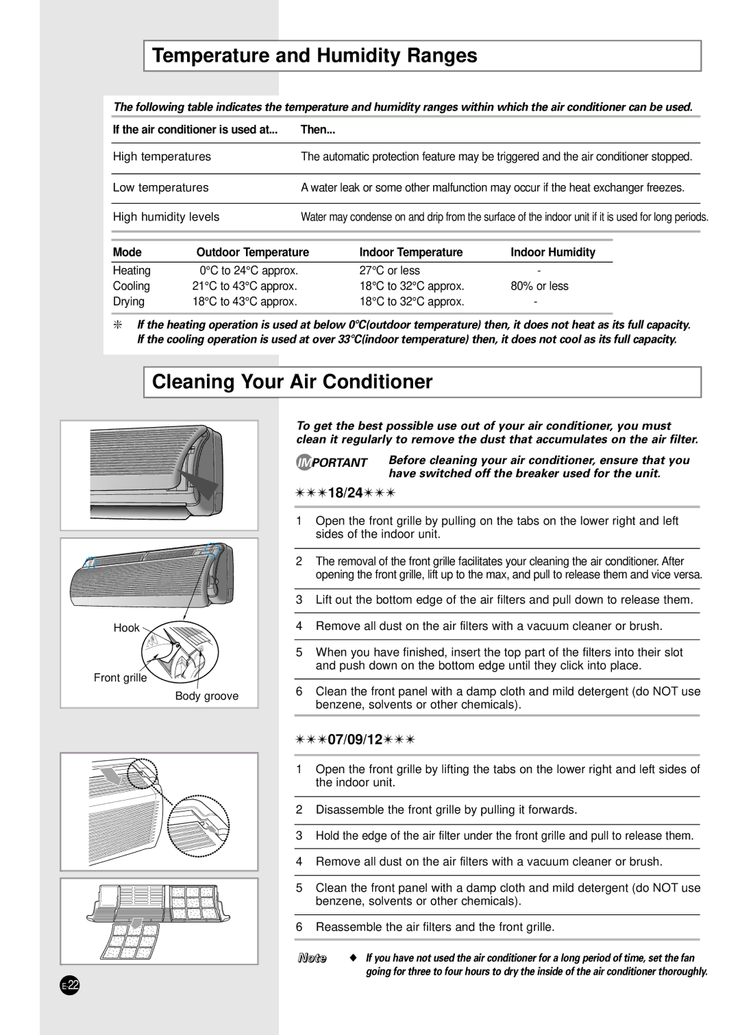 Samsung SH24TA5 Temperature and Humidity Ranges, Cleaning Your Air Conditioner, If the air conditioner is used at Then 