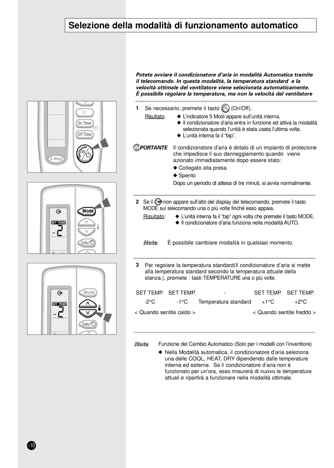 Samsung SH24TA5 manual Selezione della modalità di funzionamento automatico, SET Temp 