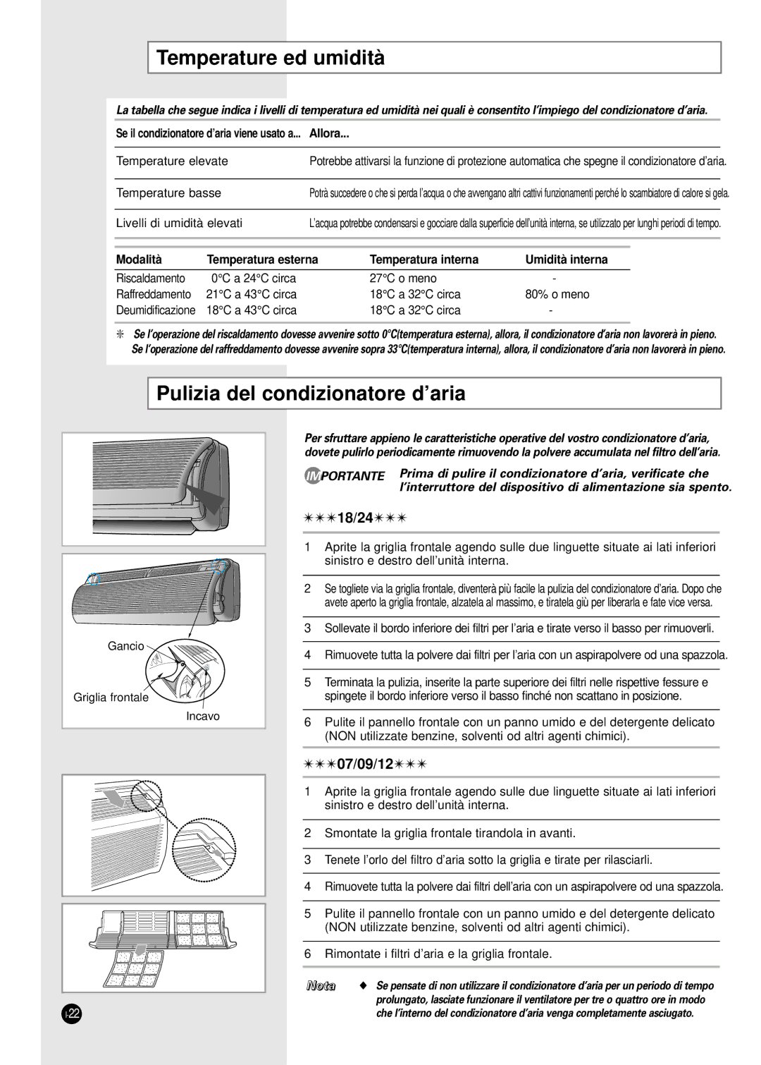 Samsung SH24TA5 manual Temperature ed umidità, Pulizia del condizionatore d’aria 