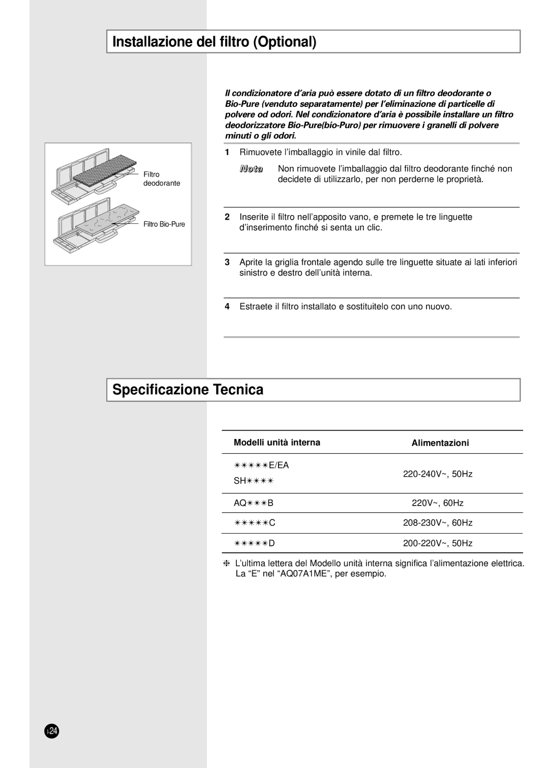 Samsung SH24TA5 manual Installazione del filtro Optional, Specificazione Tecnica, Modelli unità interna Alimentazioni 