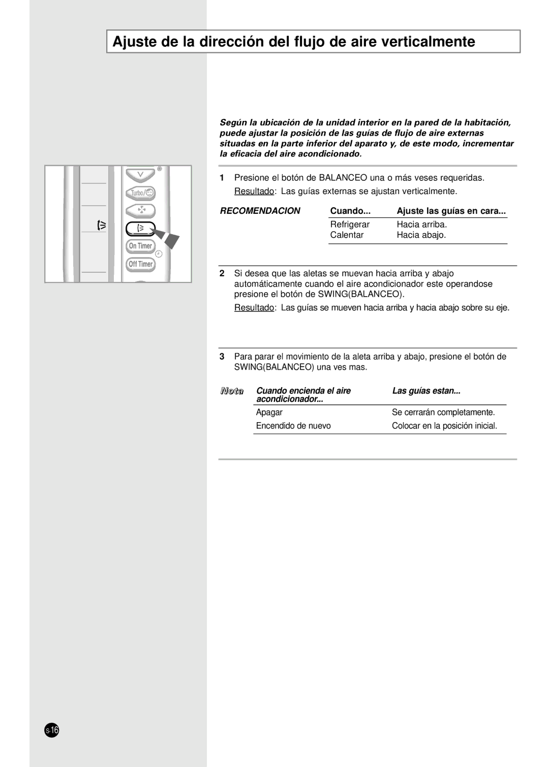 Samsung SH24TA5 manual Ajuste de la dirección del flujo de aire verticalmente, Cuando Ajuste las guías en cara 