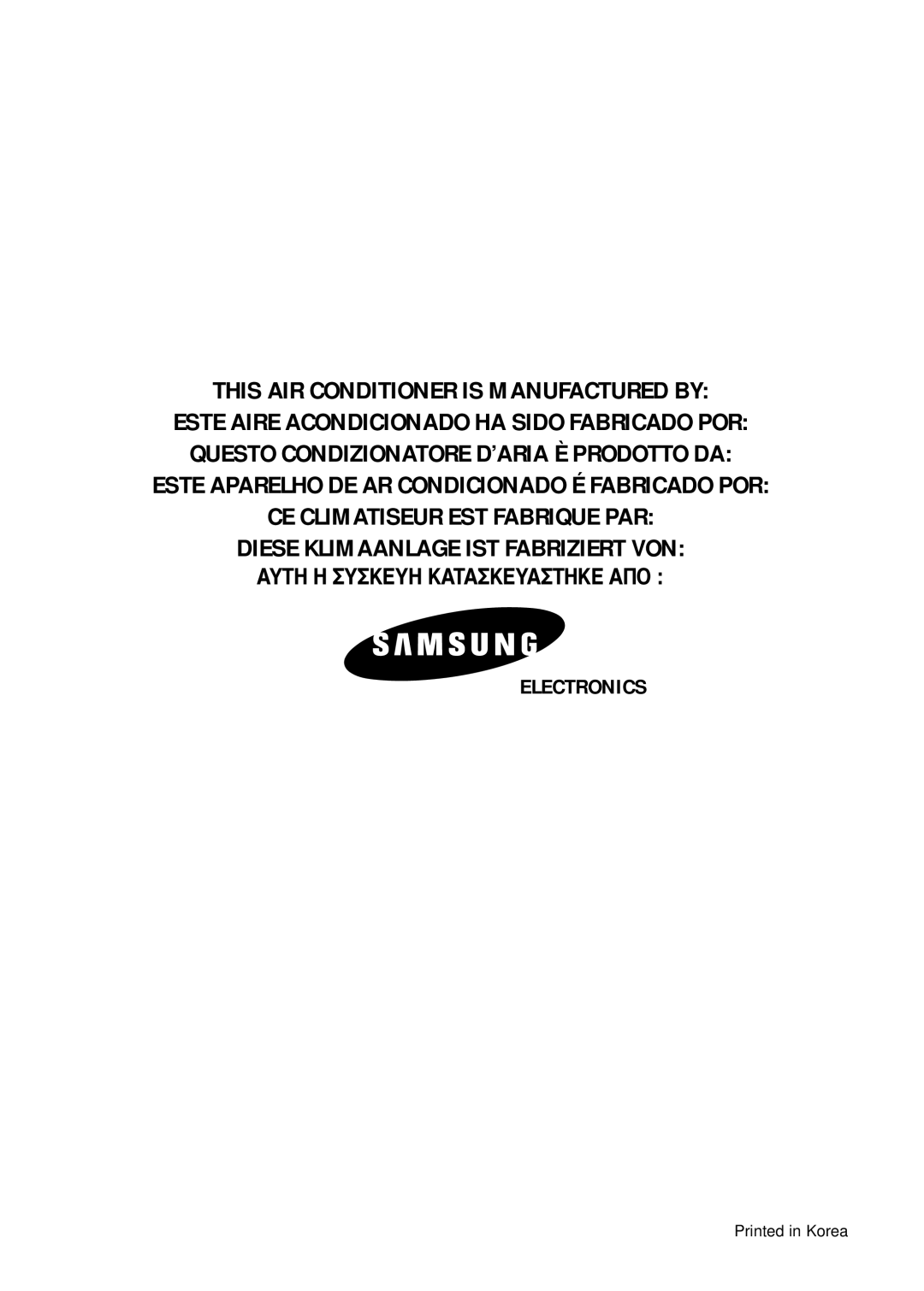 Samsung SH24TA5 manual This AIR Conditioner is Manufactured by 