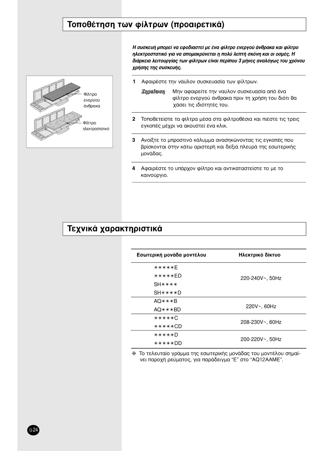 Samsung SH24TA6DX, SH12ZBBX manual TÔÔı¤ÙËÛË ÙˆÓ Ê›ÏÙÚˆÓ ÚÔ·ÈÚÂÙÈÎ¿, EÛˆÙÂÚÈÎ‹ ÌÔÓ¿‰· ÌÔÓÙ¤ÏÔ˘ HÏÂÎÙÚÈÎﬁ ‰›ÎÙ˘Ô 