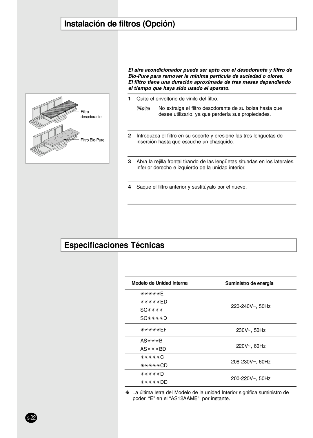 Samsung SH24TA6D/SER, SH24AC6X, SH18AC0X, SH24TA6DX/SER manual Instalación de filtros Opción, Especificaciones Técnicas 