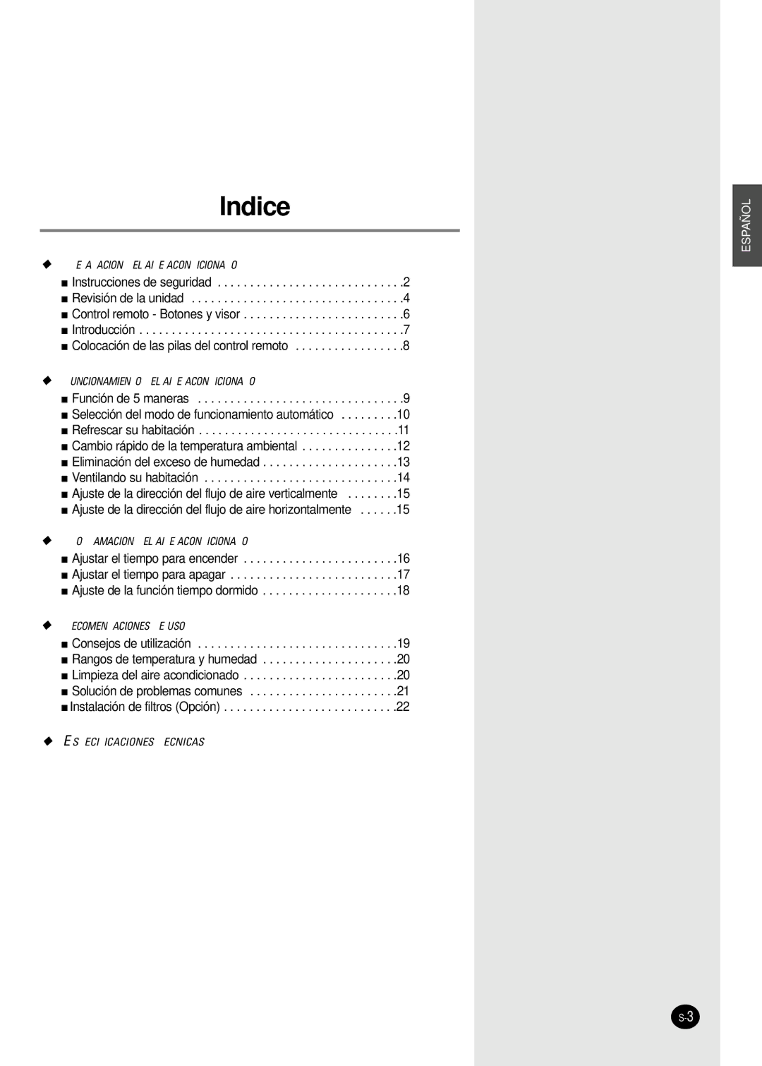 Samsung SH18AC0X, SH24AC6X, SH24TA6D/SER, SH24TA6DX/SER manual Indice 