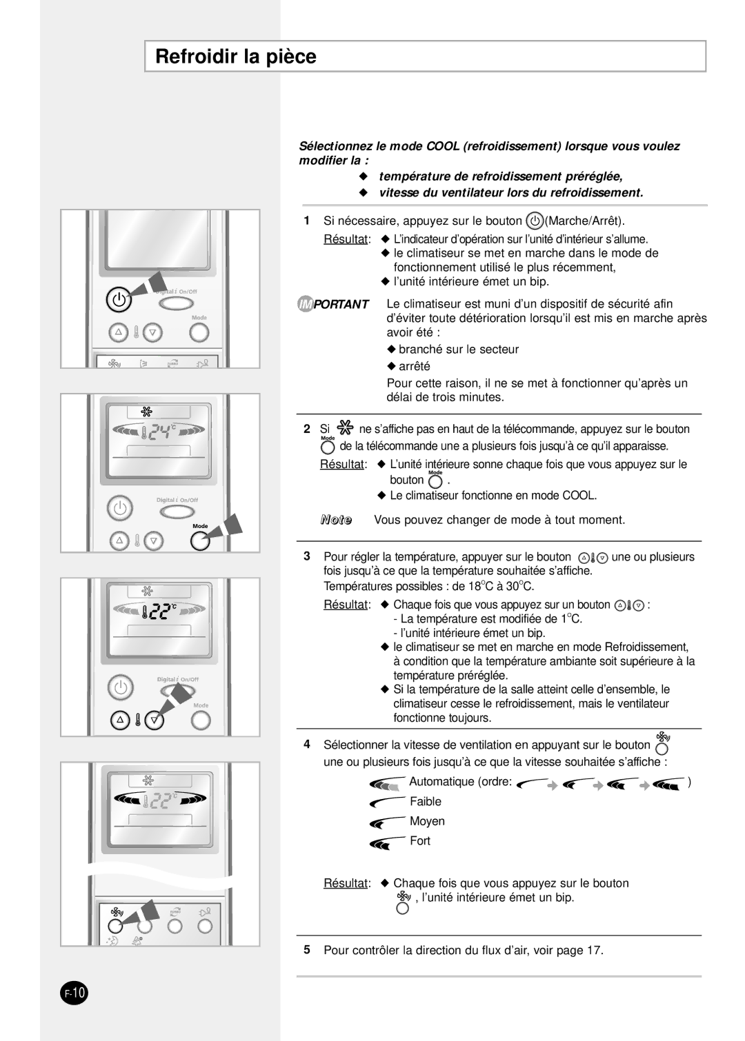 Samsung SH24TP6 manual Refroidir la pièce 