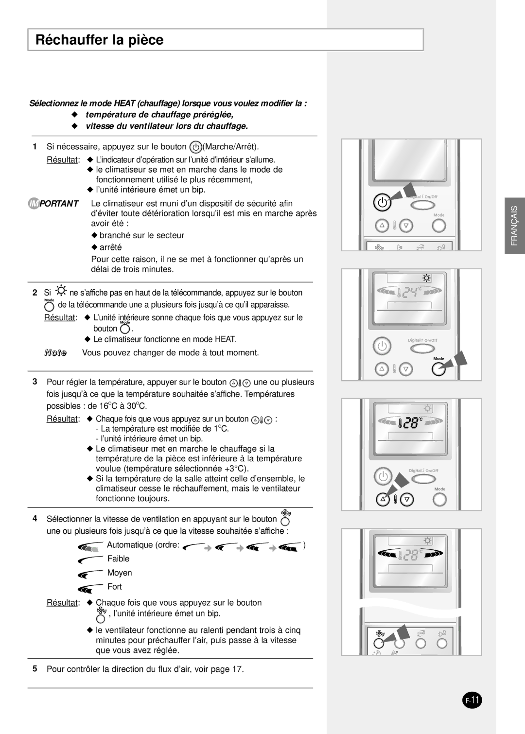 Samsung SH24TP6 manual Réchauffer la pièce 