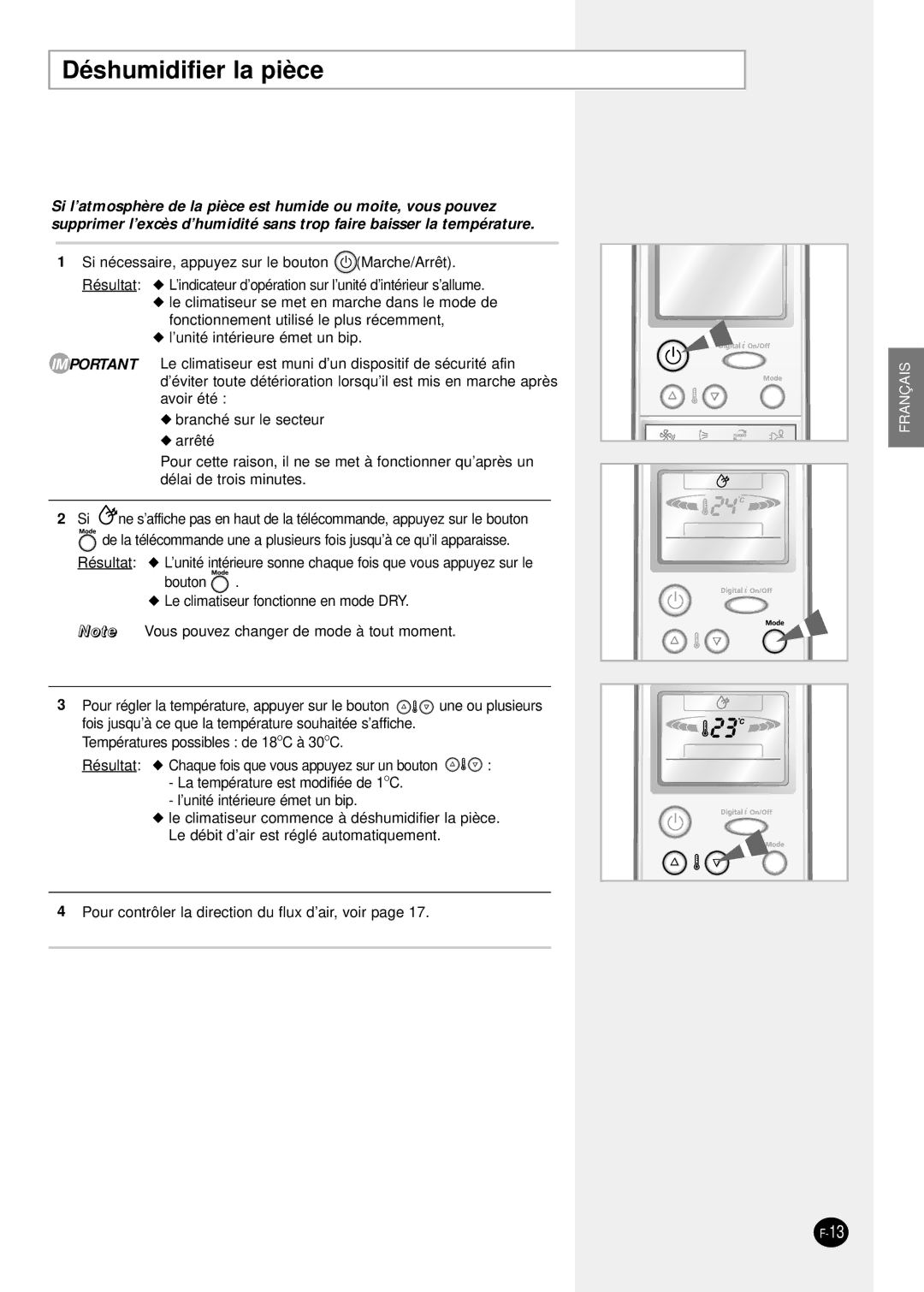 Samsung SH24TP6 manual Déshumidifier la pièce 