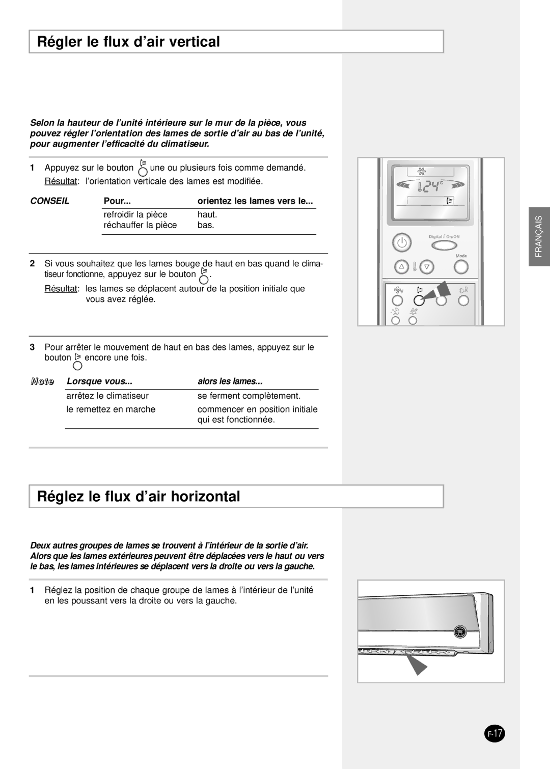 Samsung SH24TP6 manual Régler le flux d’air vertical, Réglez le flux d’air horizontal 