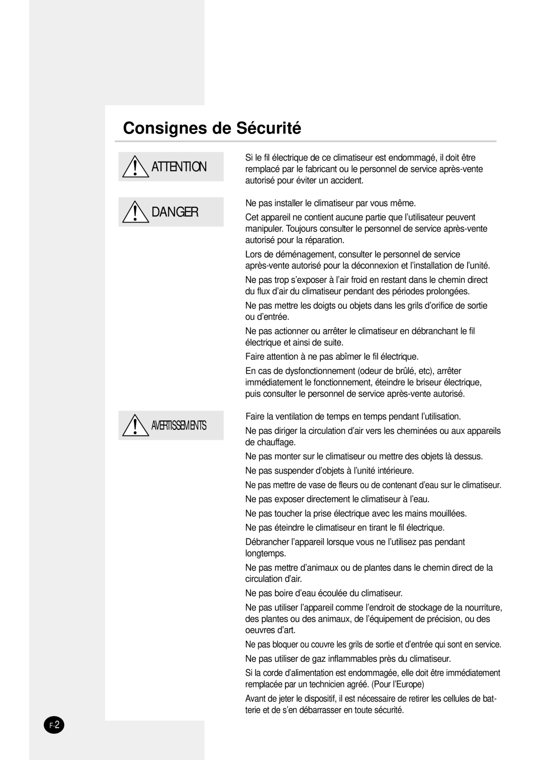 Samsung SH24TP6 manual Consignes de Sécurité 