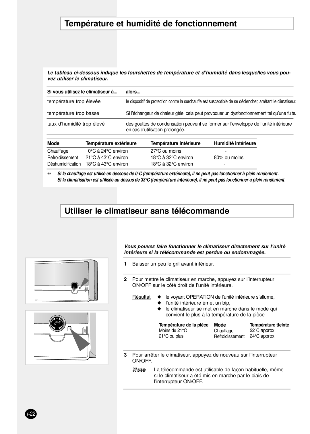 Samsung SH24TP6 manual Température et humidité de fonctionnement, Utiliser le climatiseur sans télécommande 