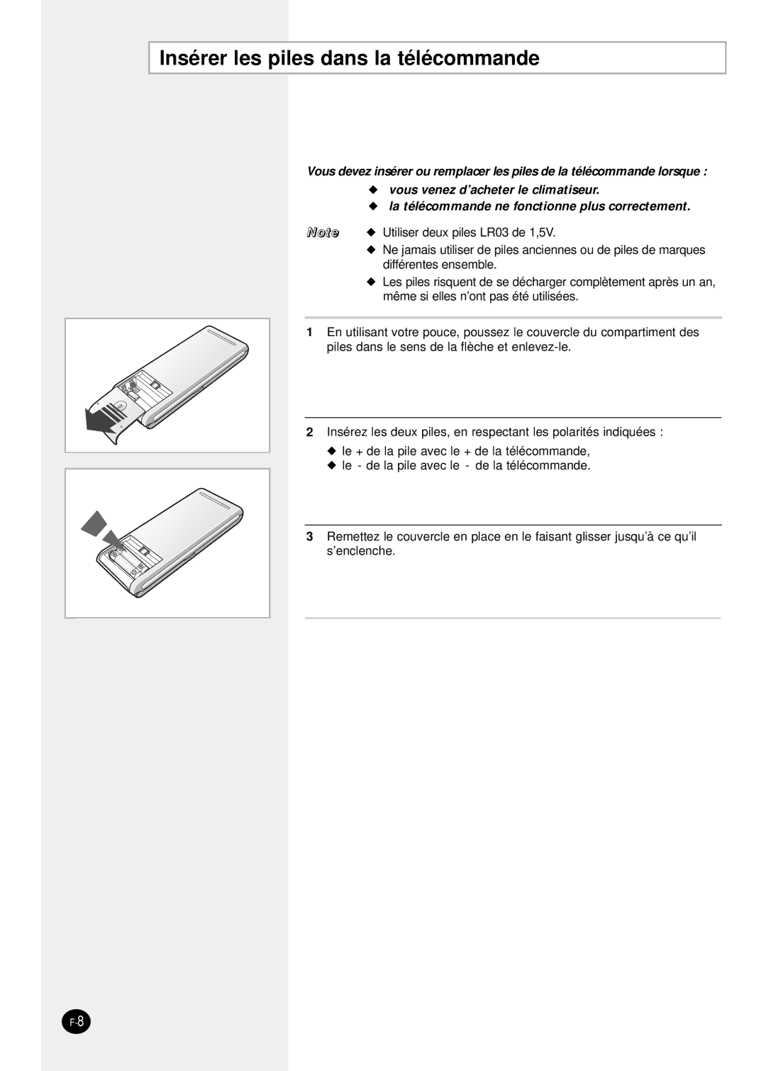 Samsung SH24TP6 manual Insérer les piles dans la télécommande 