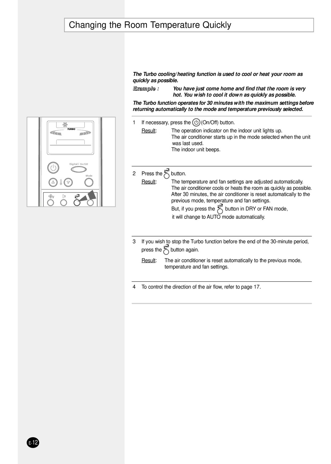 Samsung SH24TP6 manual Changing the Room Temperature Quickly 