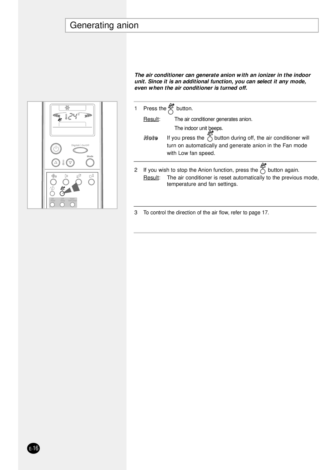 Samsung SH24TP6 manual Generating anion 