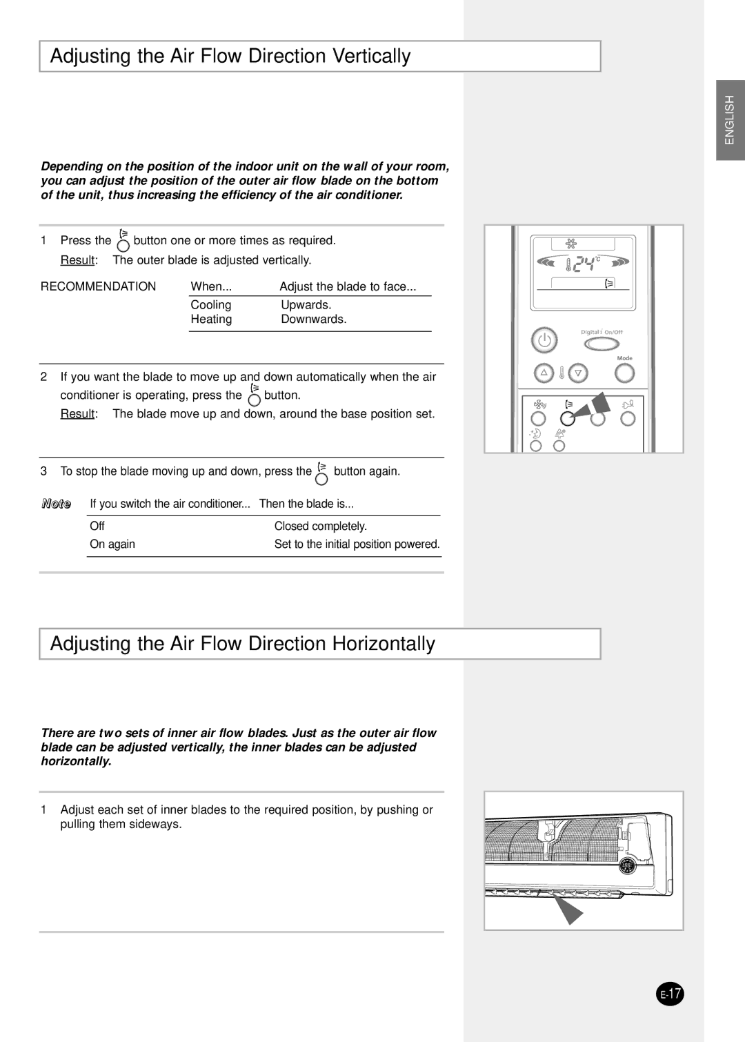 Samsung SH24TP6 manual Adjusting the Air Flow Direction Vertically, Adjusting the Air Flow Direction Horizontally 