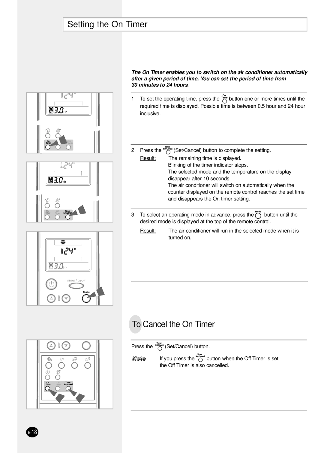 Samsung SH24TP6 manual Setting the On Timer, To Cancel the On Timer 