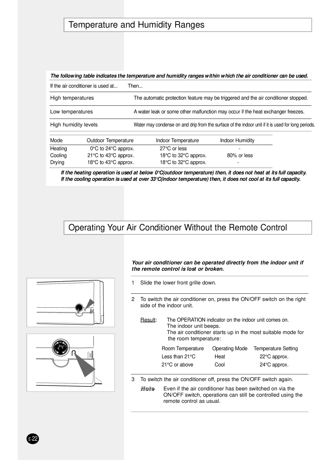 Samsung SH24TP6 manual Temperature and Humidity Ranges, Operating Your Air Conditioner Without the Remote Control 