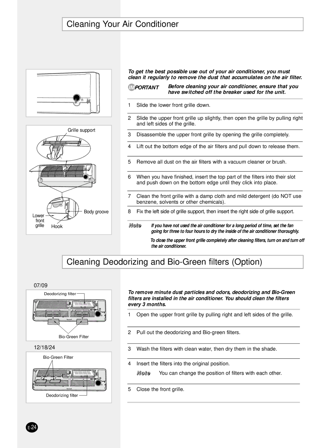 Samsung SH24TP6 manual Cleaning Your Air Conditioner, Cleaning Deodorizing and Bio-Green filters Option 