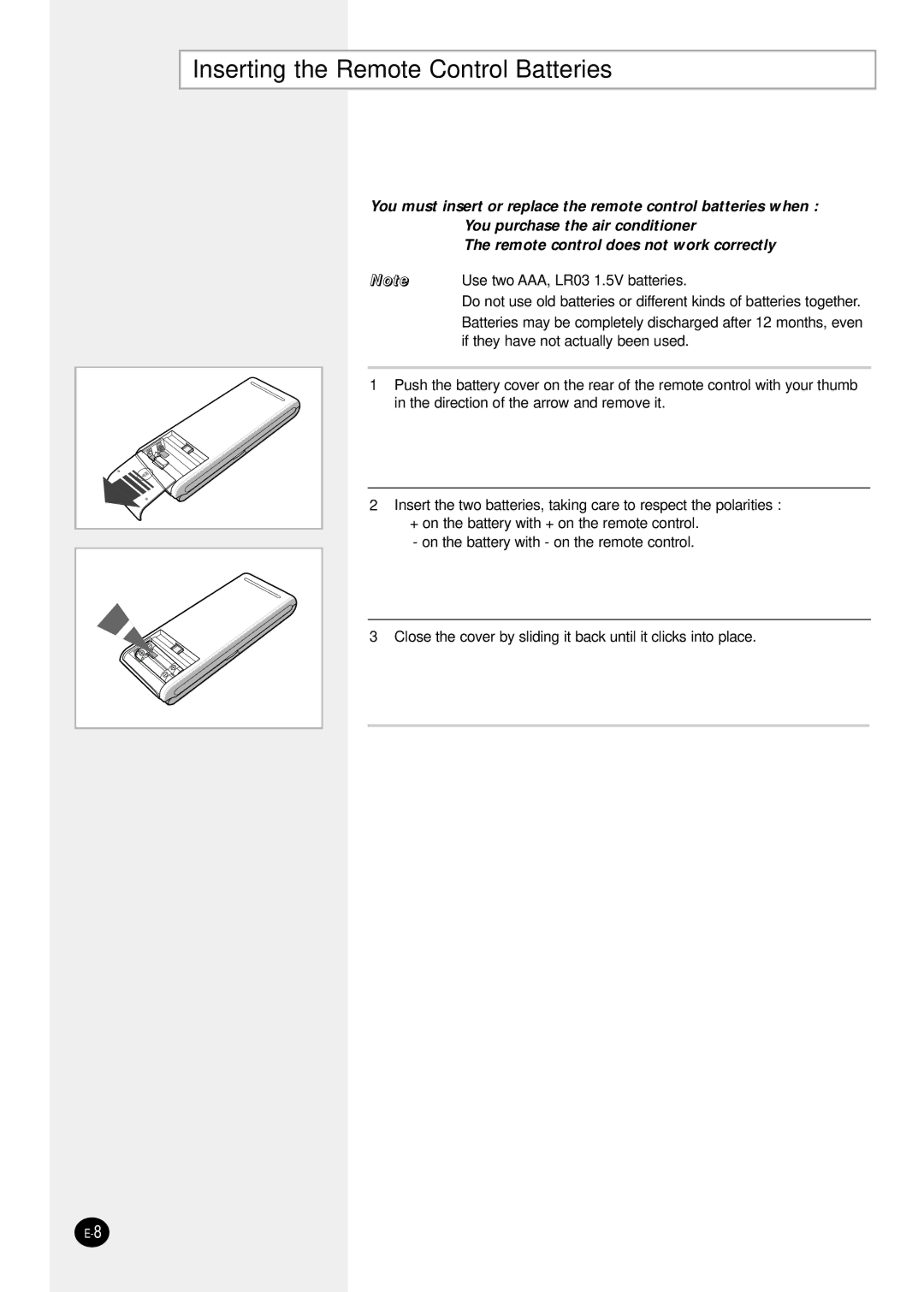 Samsung SH24TP6 manual Inserting the Remote Control Batteries 