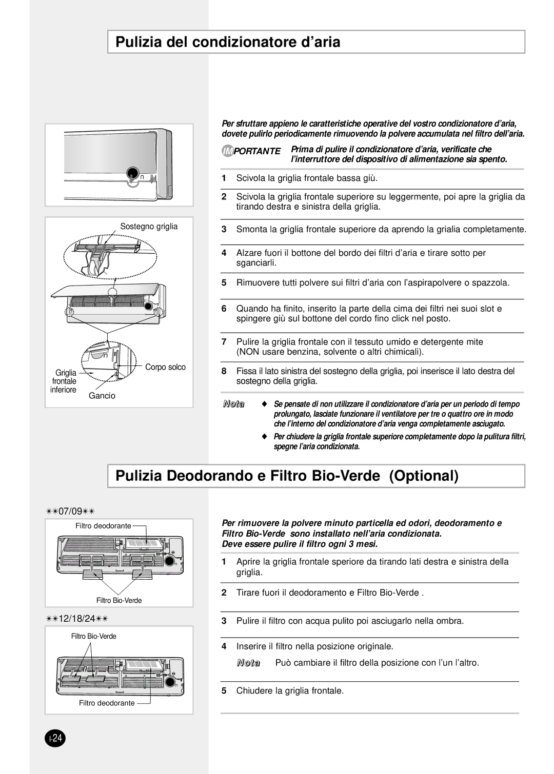 Samsung SH24TP6 manual Pulizia del condizionatore d’aria, Pulizia Deodorando e Filtro Bio-Verde Optional 