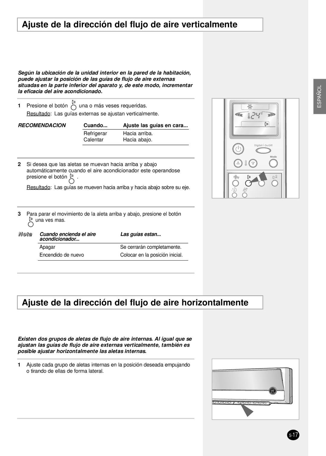 Samsung SH24TP6 manual Ajuste de la dirección del flujo de aire verticalmente 