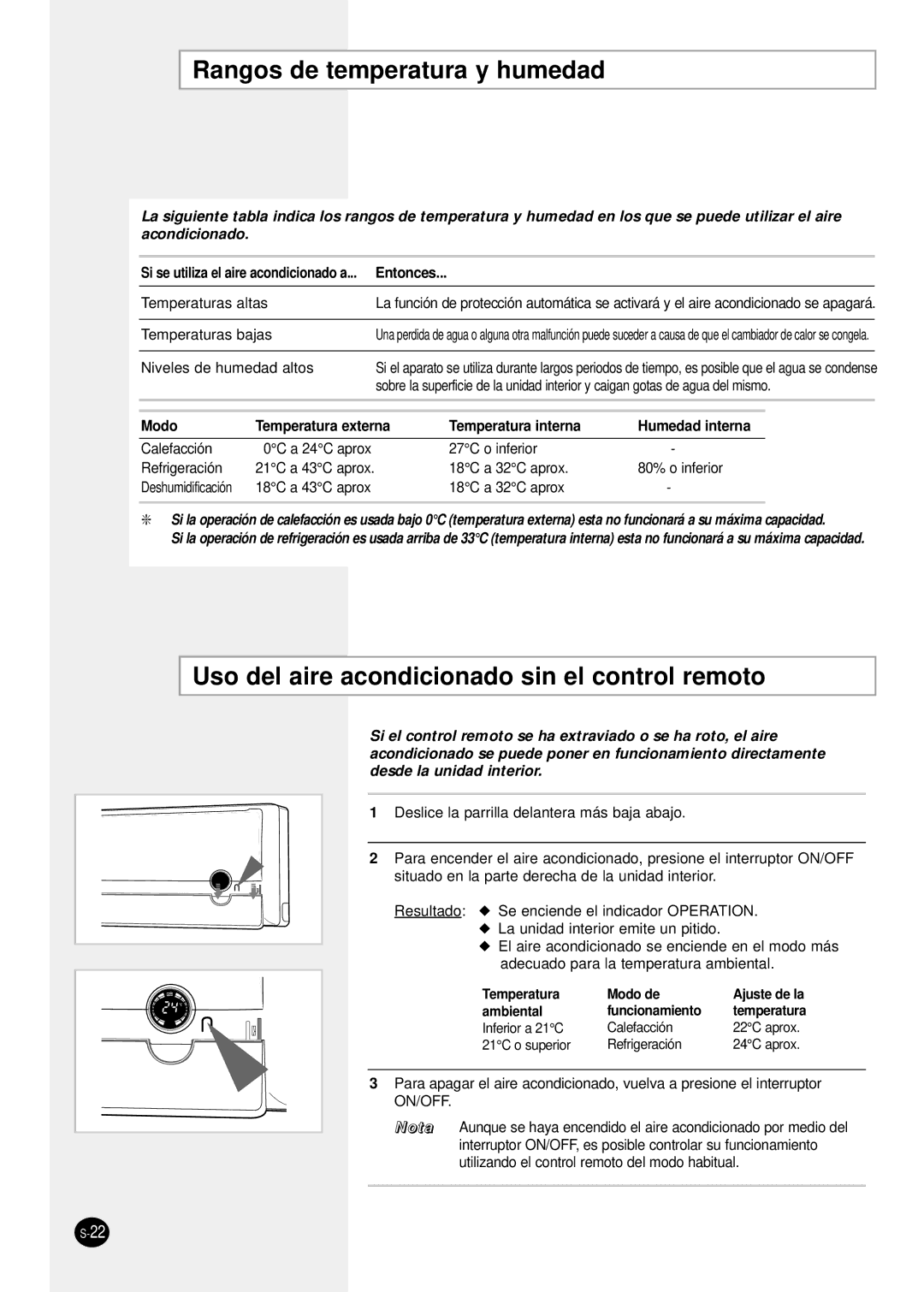 Samsung SH24TP6 manual Rangos de temperatura y humedad, Uso del aire acondicionado sin el control remoto 