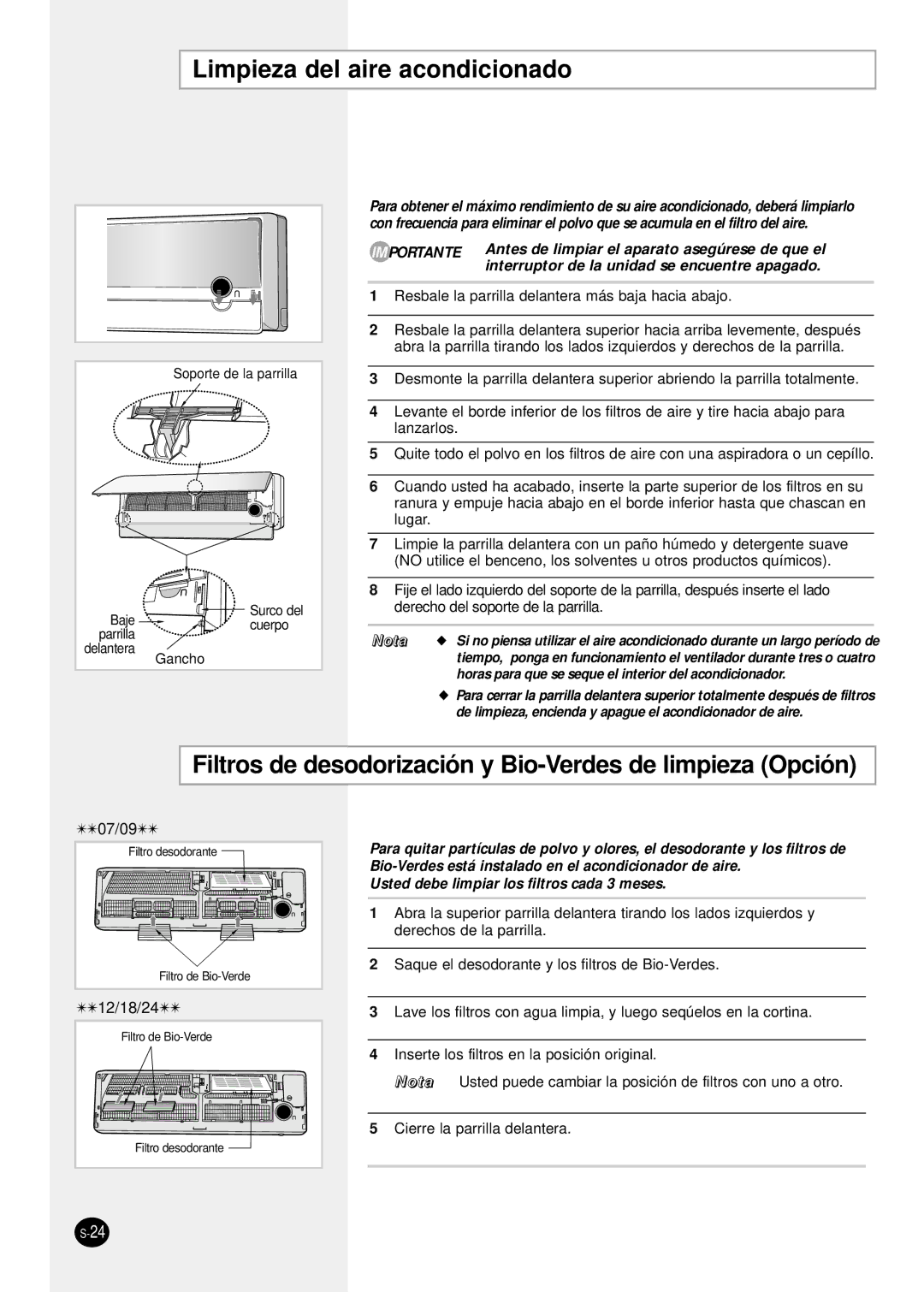 Samsung SH24TP6 manual Limpieza del aire acondicionado, Filtros de desodorización y Bio-Verdes de limpieza Opción 