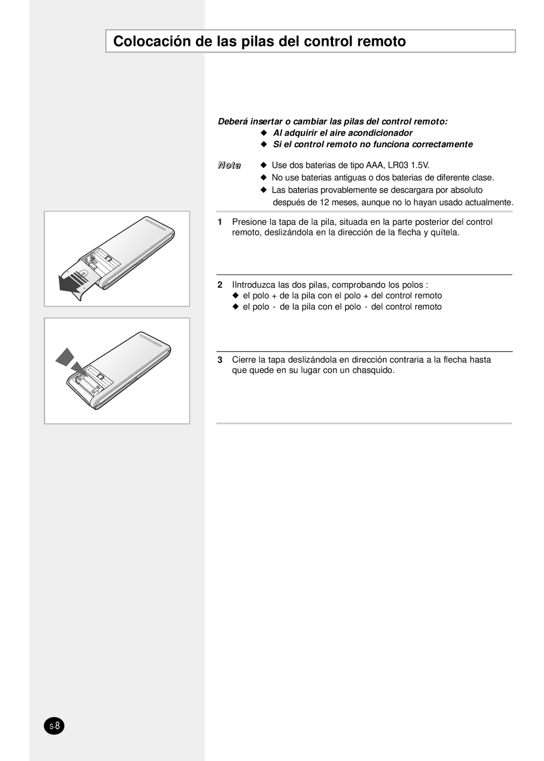 Samsung SH24TP6 manual Colocación de las pilas del control remoto 