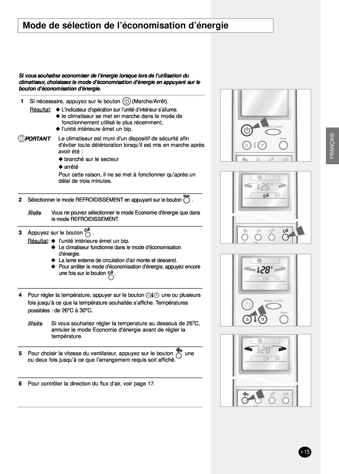 Samsung SH24TP6 manual Mode de sélection de l’économisation d’énergie, Français, F-15 