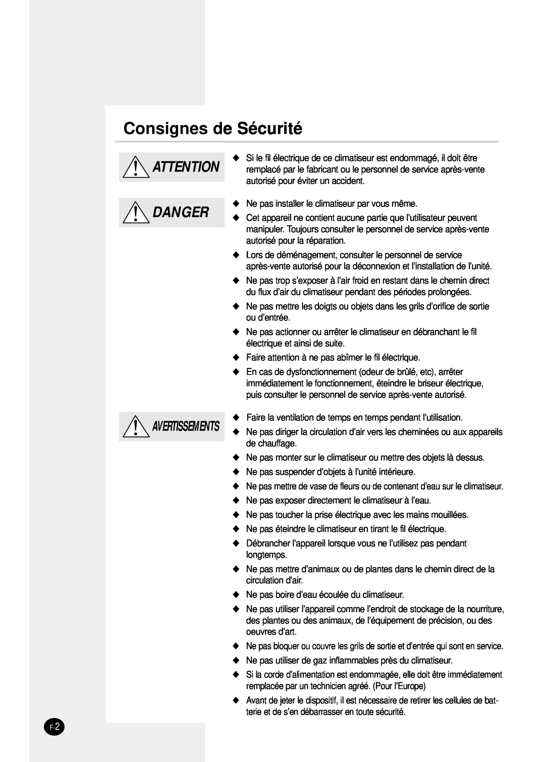 Samsung SH24TP6 manual Consignes de Sécurité, Danger, Avertissements 