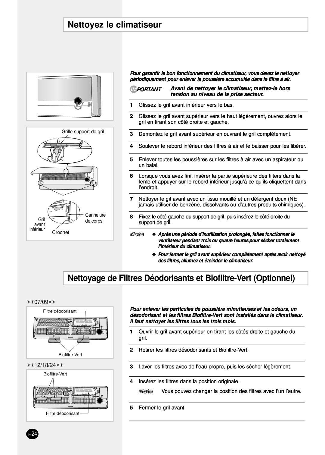 Samsung SH24TP6 manual Nettoyez le climatiseur, Nettoyage de Filtres Déodorisants et Biofiltre-Vert Optionnel 