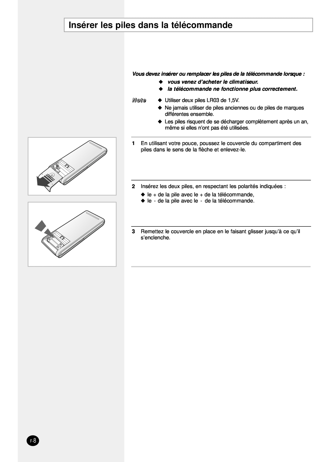 Samsung SH24TP6 manual Insérer les piles dans la télécommande, vous venez d’acheter le climatiseur 