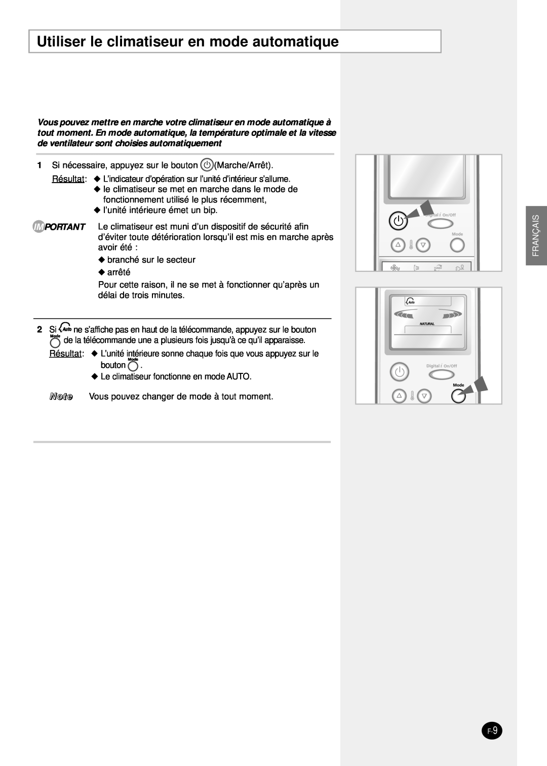 Samsung SH24TP6 manual Utiliser le climatiseur en mode automatique, Français 