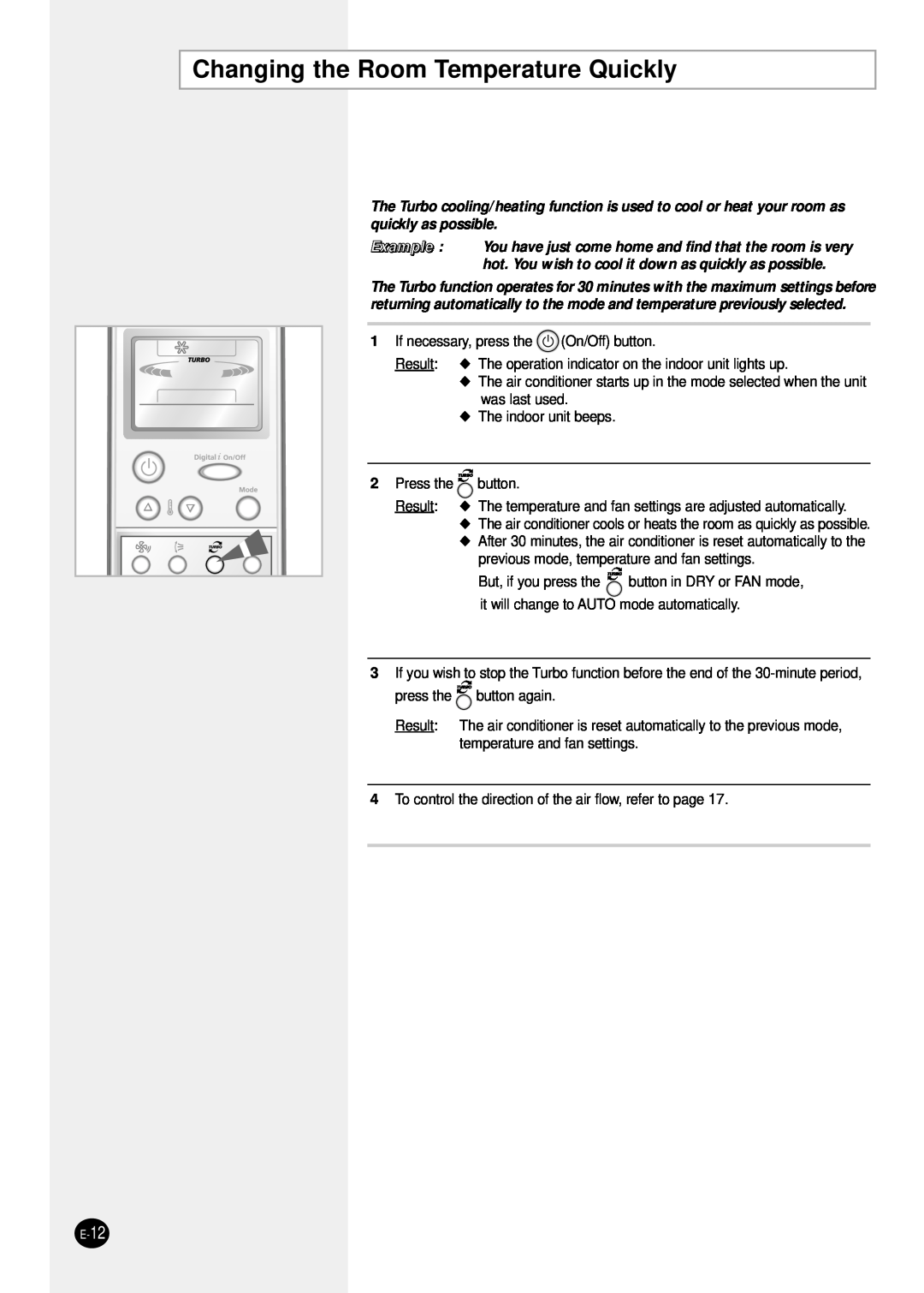 Samsung SH24TP6 manual Changing the Room Temperature Quickly, E-12 