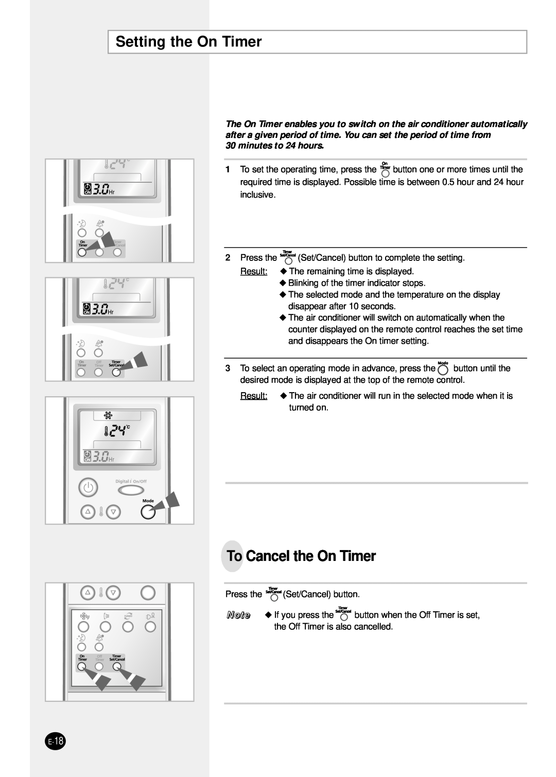 Samsung SH24TP6 manual Setting the On Timer, To Cancel the On Timer, minutes to 24 hours 