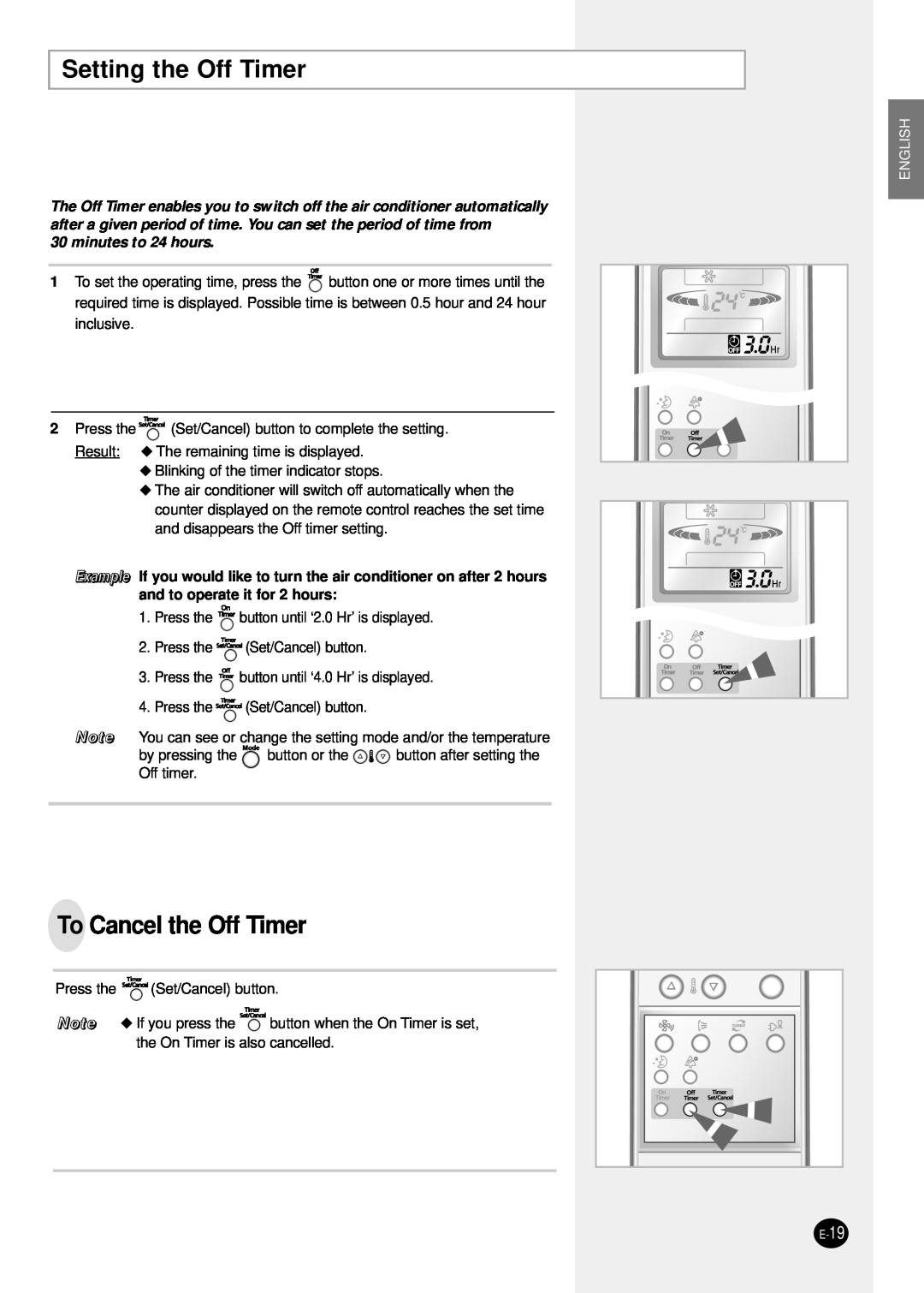 Samsung SH24TP6 manual Setting the Off Timer, To Cancel the Off Timer, English, minutes to 24 hours, E-19 