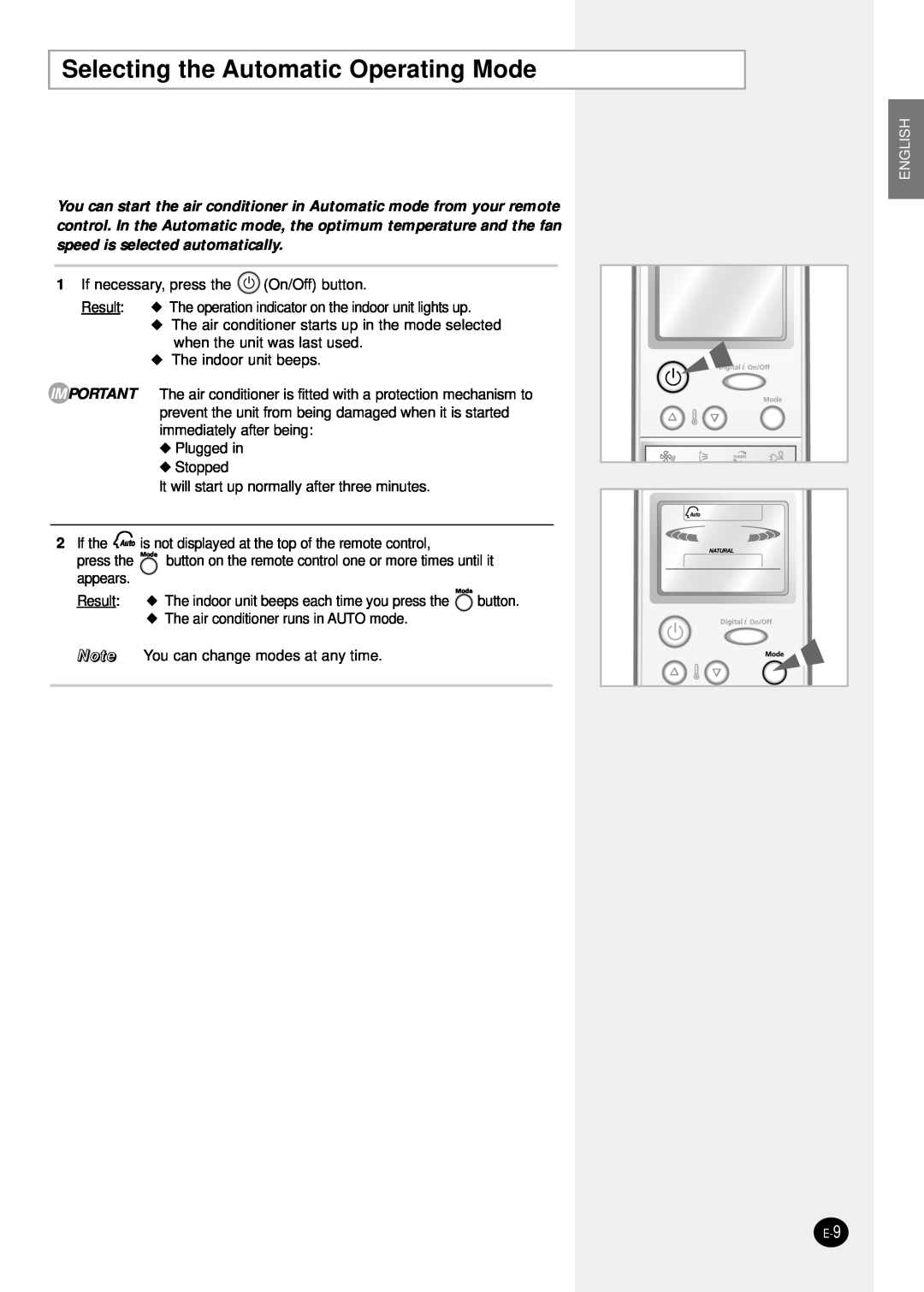 Samsung SH24TP6 manual Selecting the Automatic Operating Mode, English 