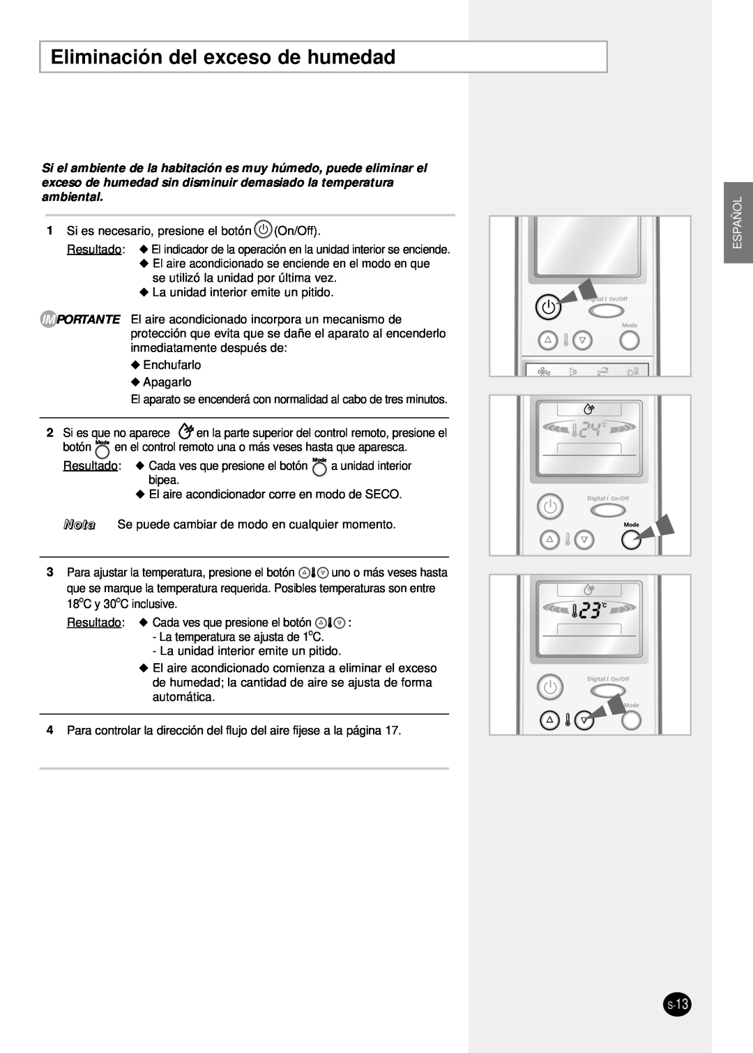 Samsung SH24TP6 manual Eliminación del exceso de humedad, Español, S-13 