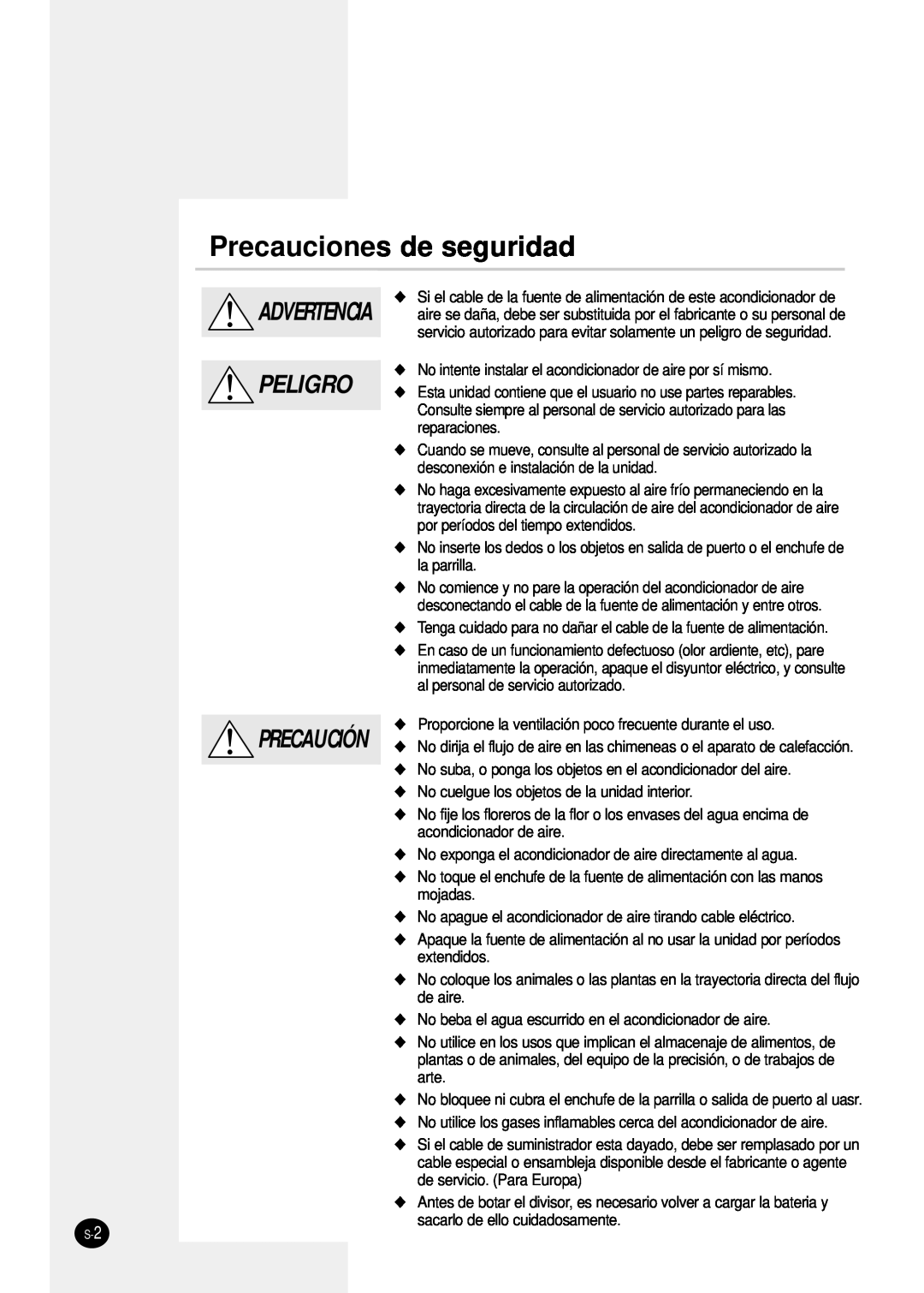 Samsung SH24TP6 manual Precauciones de seguridad, Advertencia Peligro Precaución 