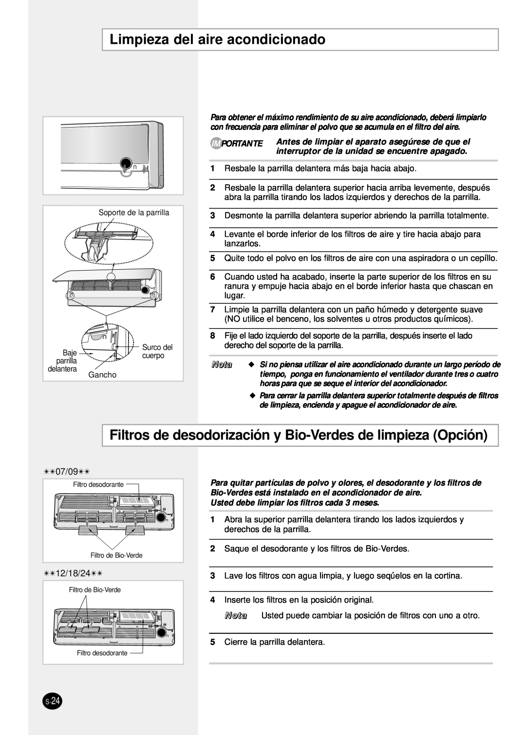 Samsung SH24TP6 manual Limpieza del aire acondicionado, Filtros de desodorización y Bio-Verdes de limpieza Opción, Nota 