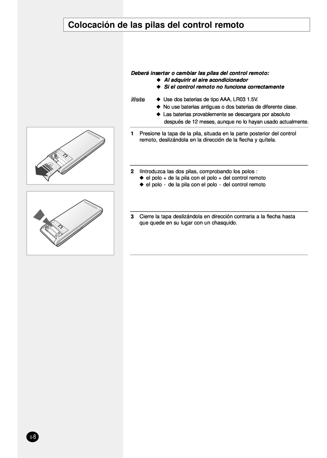 Samsung SH24TP6 manual Colocación de las pilas del control remoto, Deberá insertar o cambiar las pilas del control remoto 