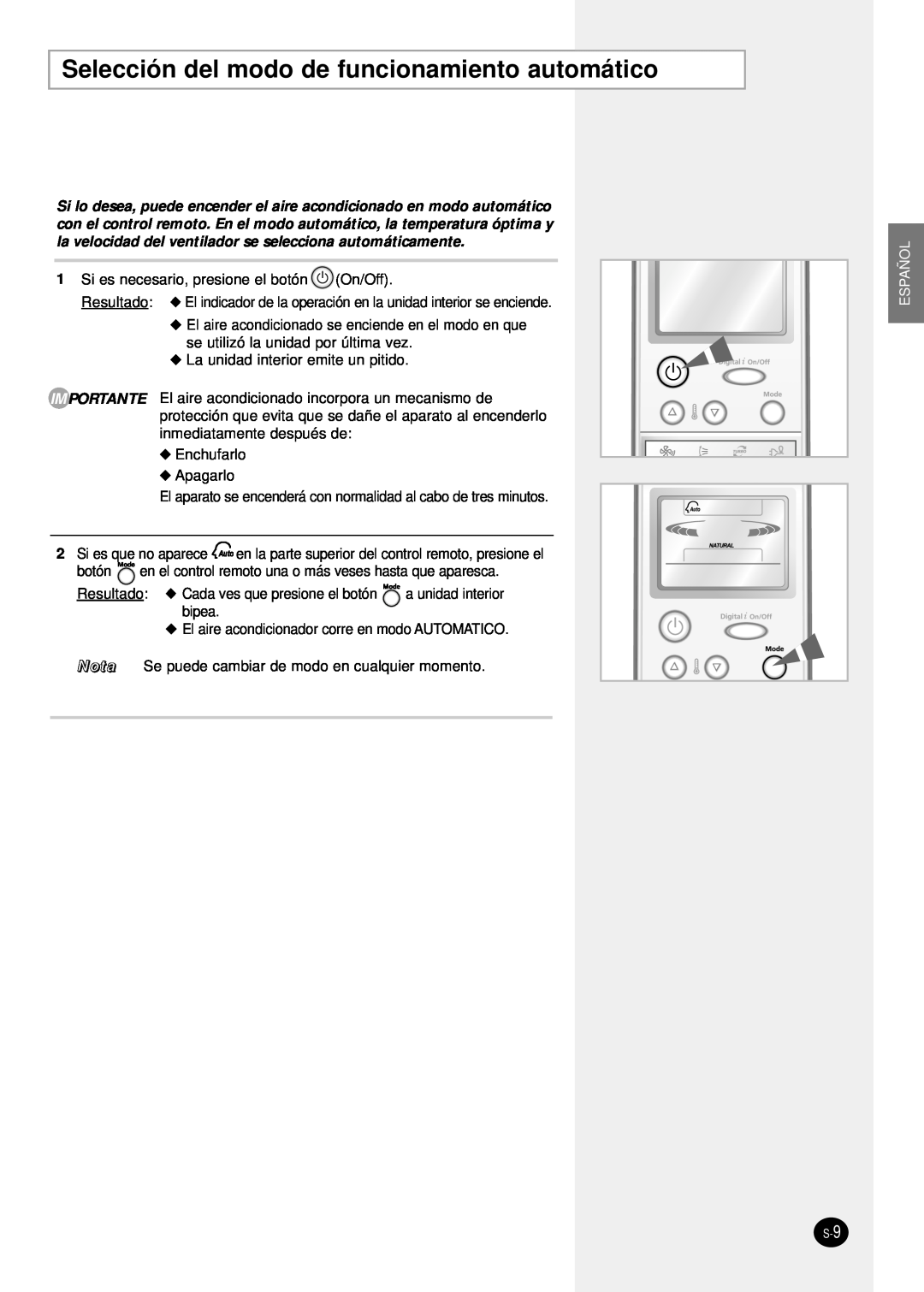Samsung SH24TP6 manual Selección del modo de funcionamiento automático, Español 