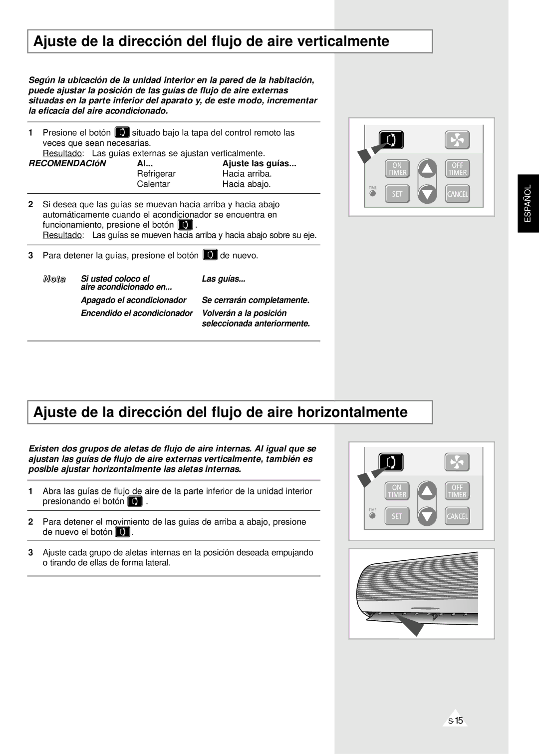 Samsung XUQT24A1QE/XEC, SH24ZV/XEF, IAQT24A1QE/XEP Ajuste de la dirección del flujo de aire verticalmente, Ajuste las guías 